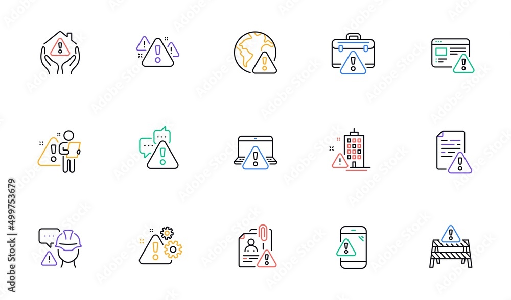 Warnings line icons. Risk attention, Caution sign and Exclamation mark. Danger alert, error caution, urgent information line icons. Safety risk, construction warning, documentation error. Vector Warnings line icons. Risk attention, Caution sign and Exclamation mark. Danger alert, error caution, urgent information line icons. Safety risk, construction warning, documentation error. Vector