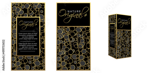 Conception d’un packaging pour des produits de luxe, parfum, crème, lotion etc… décoré de feuille de Senecio or sur fond noir et d’une typographie originale.