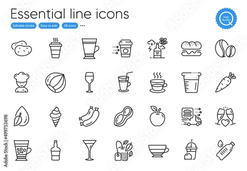 Carrot, Food delivery and Water bottle line icons. Collection of Apple, Hazelnut, Ice cream icons. Cocktail, Wedding glasses, Water drop web elements. Coffee delivery, Cooking beaker. Vector