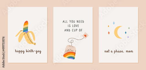 Cute greeting cards with LGBT symbols. Pride month poster with rainbow colored banana, tea bag with LGBTea phrase and moon with colorful stars. Queer vertical cards on white background. Vector.