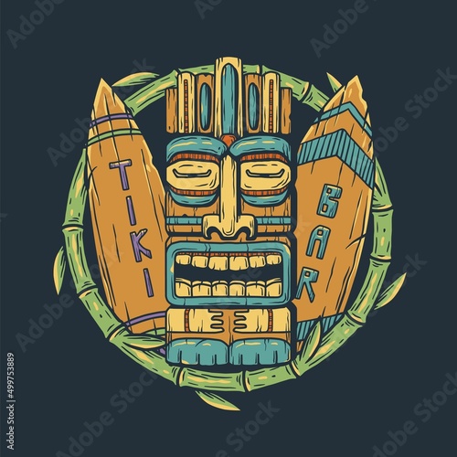 Surfing board and tiki bar with tiki mask, surfs and tropical leavs. Exotic hawaiian mask and surfboards for summer prints or tropic beach	