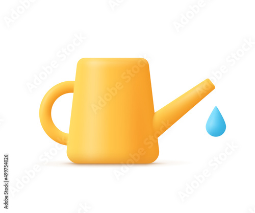 Watering can and water drop. Gardening tools, agricultural implement.3d vector icon. Cartoon minimal style.