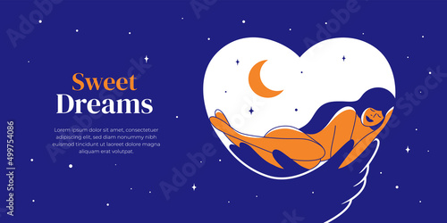 Sweet dreams, healthy sleep, relax time, self body care. Beautiful woman sleeping in starry sky. Female figure in love embrace of night hands. Moon, heart vector illustration. Design layout template