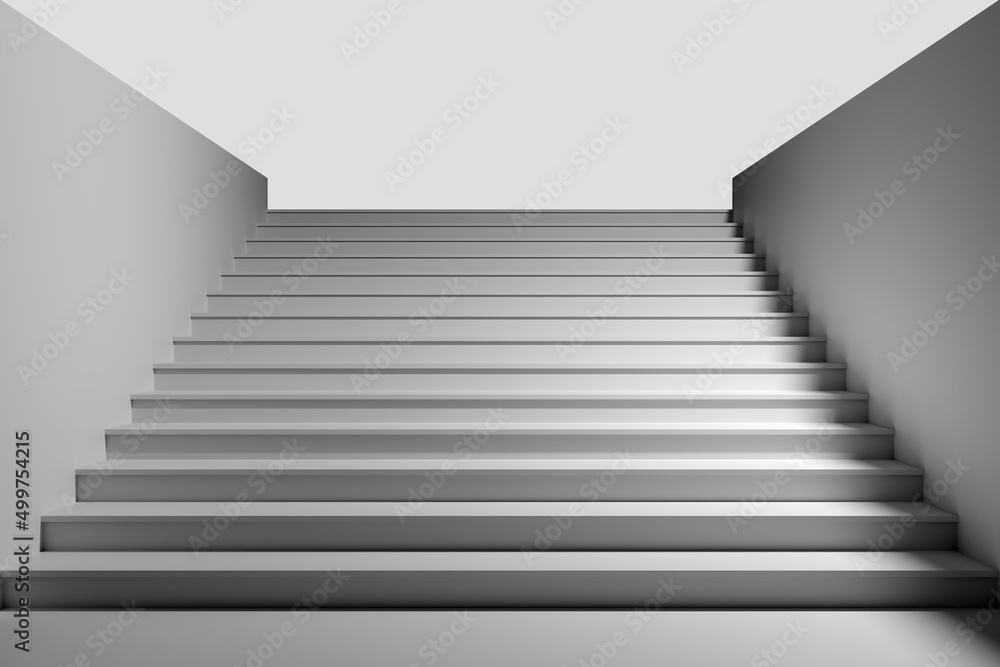 Obraz premium Illustrazione 3D. Architettura. Scala sale verso lo sfondo spazio, città con cielo e nuvole..