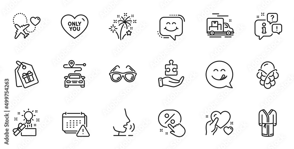 Outline set of Only you, Bathrobe and Honeymoon travel line icons for web application. Talk, information, delivery truck outline icon. Include Creative idea, Yummy smile, Journey icons. Vector