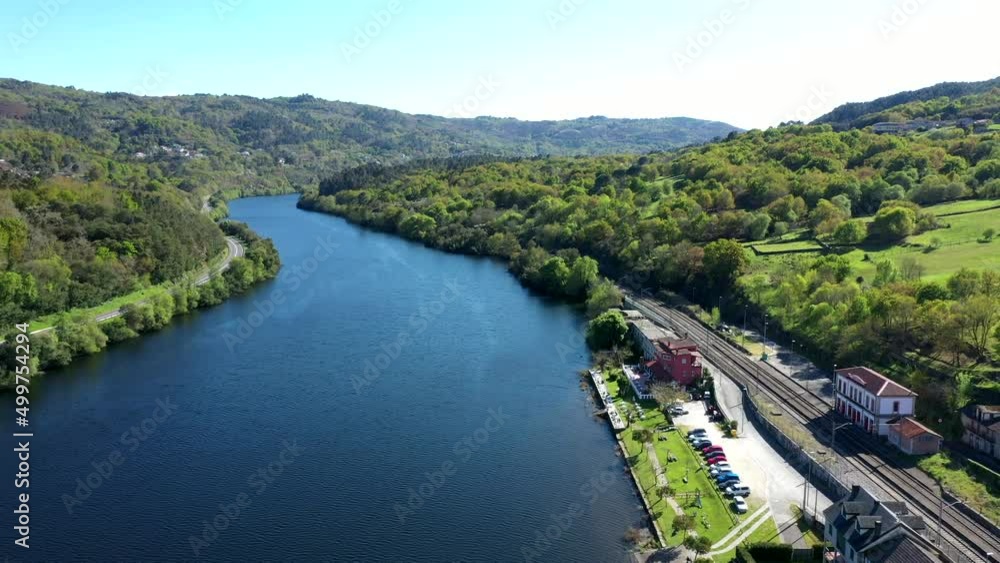 Beautiful Lush Landscape with River Miño, Summer Day, Aerial Pedestal. Beautiful Lush Landscape with River Miño, Summer Day, Aerial Pedestal.