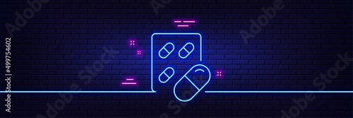 Neon light glow effect. Capsule pill line icon. Medical drugs sign. Pharmacy medication symbol. 3d line neon glow icon. Brick wall banner. Capsule pill outline. Vector
