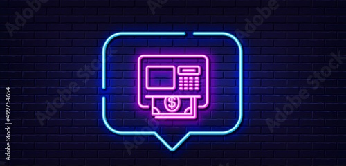 Neon light speech bubble. ATM line icon. Money withdraw sign. Payment machine symbol. Neon light background. ATM glow line. Brick wall banner. Vector