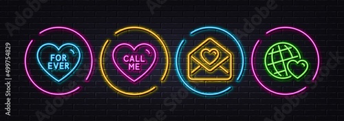 Call me, For ever and Love letter minimal line icons. Neon laser 3d lights. Friends world icons. For web, application, printing. Love sweetheart, Heart. Neon lights buttons. Call me glow line. Vector