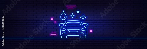 Neon light glow effect. Car wash line icon. Clean auto sign. Shiny transport symbol. 3d line neon glow icon. Brick wall banner. Car wash outline. Vector