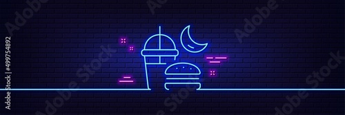 Neon light glow effect. Night eat line icon. Fast food before sleep sign. Gluttony symbol. 3d line neon glow icon. Brick wall banner. Night eat outline. Vector