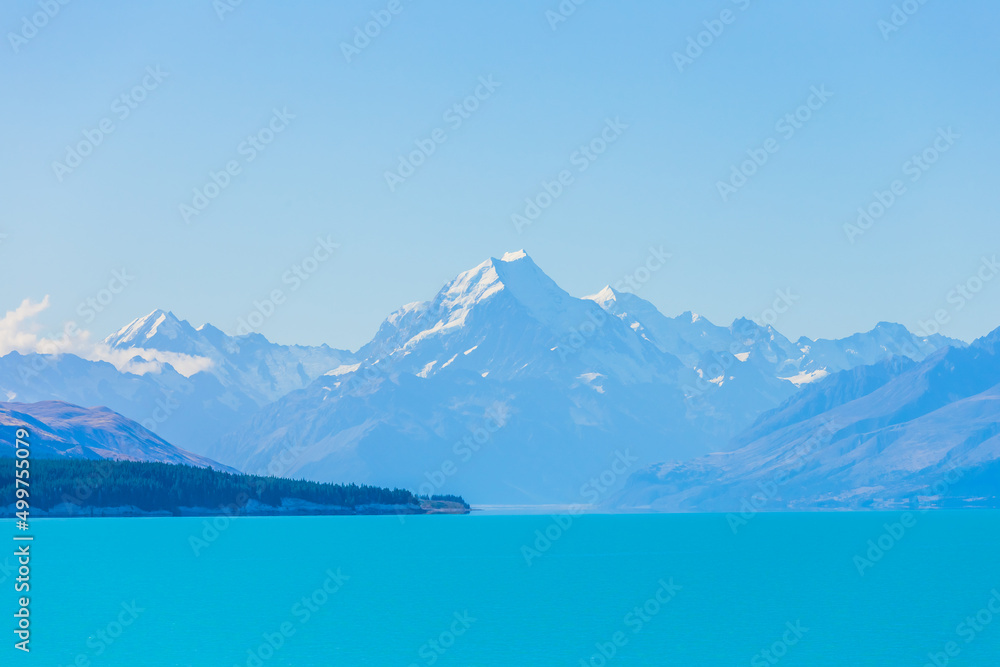 Naklejka premium Mount cook viewpoint with the lake pukaki and the road leading to mount cook village in South Island New Zealand.