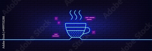 Neon light glow effect. Cafe creme icon. Hot drink sign. Beverage symbol. 3d line neon glow icon. Brick wall banner. Cafe creme outline. Vector