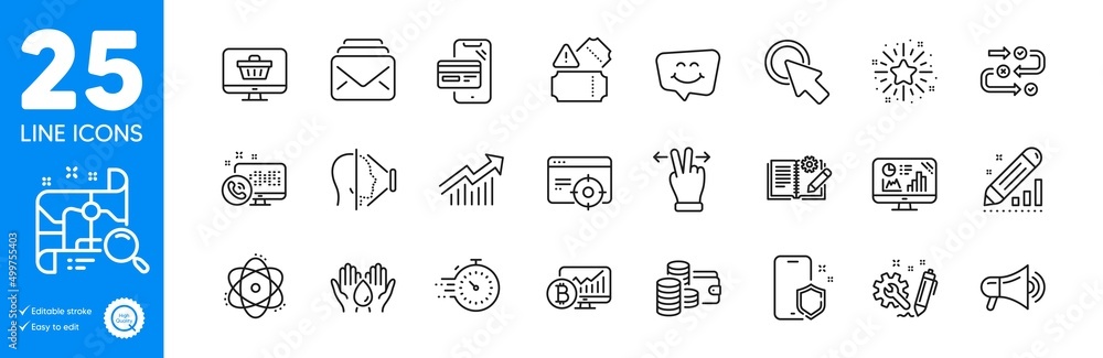 Outline icons set. Smile chat, Engineering and Edit statistics icons. Search map, Seo targeting, Demand curve web elements. Megaphone, Engineering documentation, Timer signs. Mail. Vector Outline icons set. Smile chat, Engineering and Edit statistics icons. Search map, Seo targeting, Demand curve web elements. Megaphone, Engineering documentation, Timer signs. Mail. Vector