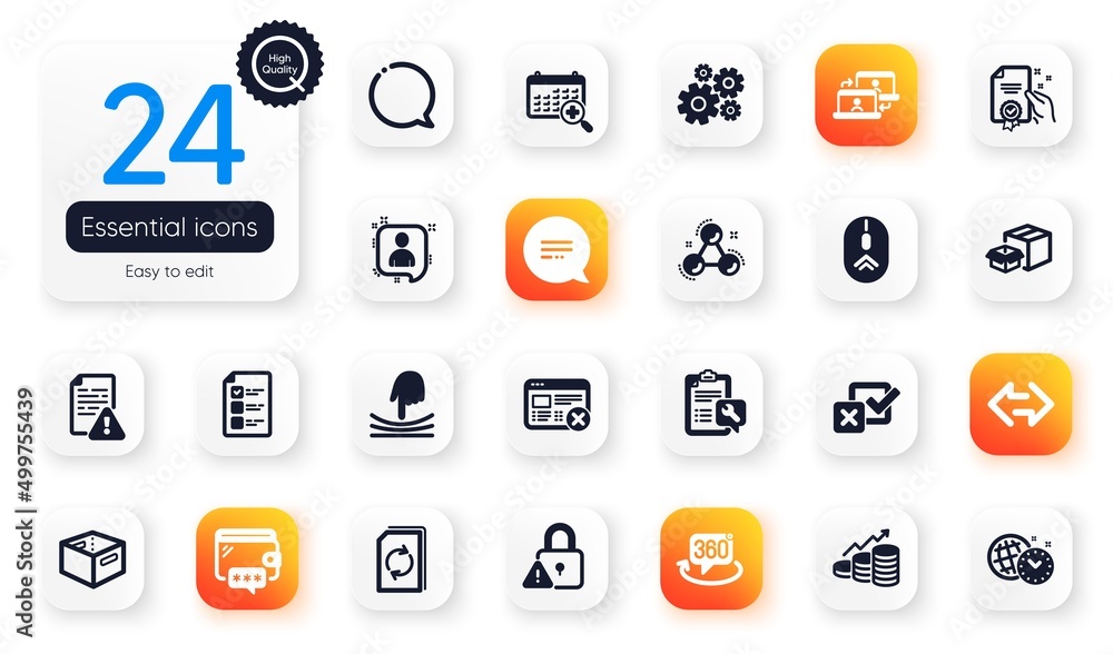 Set of Technology flat icons. Cogwheel, Lock and Reject web elements for web application. Update document, Packing boxes, Chemistry molecule icons. Instruction manual, Swipe up. Vector Set of Technology flat icons. Cogwheel, Lock and Reject web elements for web application. Update document, Packing boxes, Chemistry molecule icons. Instruction manual, Swipe up. Vector