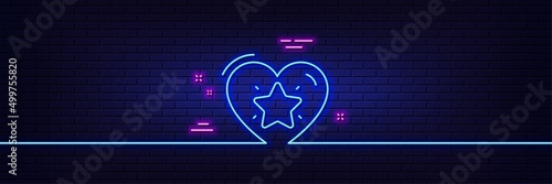 Neon light glow effect. Ranking star line icon. Love rating sign. Best rank symbol. 3d line neon glow icon. Brick wall banner. Ranking star outline. Vector
