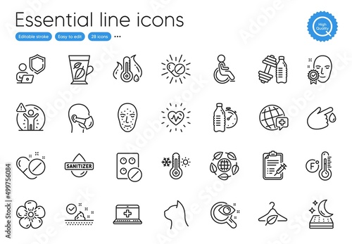 Fitness water, Natural linen and Pets care line icons. Collection of Vision test, Shield, World medicine icons. Social distance, Fahrenheit thermometer, Medical tablet web elements. Vector