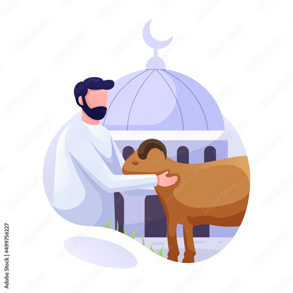 Vector illustration of a Muslim man and beside him there is a goat, cow