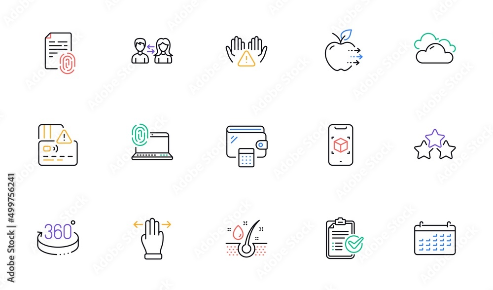 Wallet, Food delivery and Clean hands line icons for website, printing. Collection of 360 degrees, Fingerprint, Survey checklist icons. Serum oil, Calendar, Cloudy weather web elements. Vector