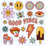 Cartoon 70s vibe groovy elements, cute funny hippy stickers. Set of vector hippie retro stickers with daisy flowers, lips, ice cream. Isolated positive symbols or badges in vintage style.