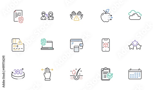 Wallet, Food delivery and Clean hands line icons for website, printing. Collection of 360 degrees, Fingerprint, Survey checklist icons. Serum oil, Calendar, Cloudy weather web elements. Vector
