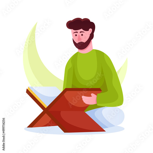 Muslim man reading holy Quran illustration vector. Muslim people Recitation Quran when Ramadan month or fasting month photo