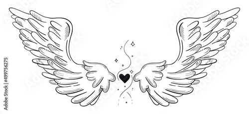 Hand drawn line art illustration. Detailed outline drawings. Templates for coloring books, tattoos, stickers, prints. Trendy black and white vector illustration with angel wings, heart, swirls.