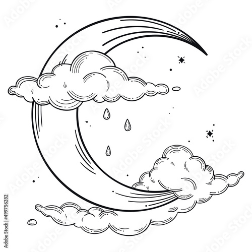Hand drawn line art illustration. Detailed outline drawings. Templates for coloring books, tattoos, stickers, prints. Trendy black and white vector illustration with crescent moon, clouds, stars, drop