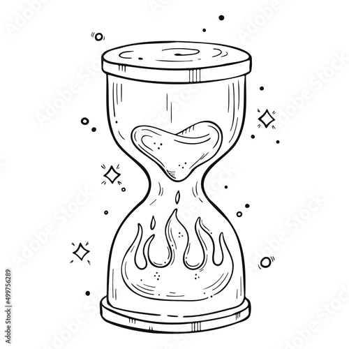Hand drawn line art illustration. Detailed outline drawings. Templates for coloring books, tattoos, stickers, prints. Trendy black and white vector illustration with hourglass, fire, stars.