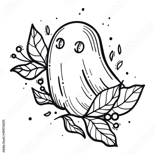 Hand drawn line art illustration. Detailed outline drawings. Templates for coloring books, tattoos, stickers, prints. Trendy black and white vector illustration with cute ghost, leaves.