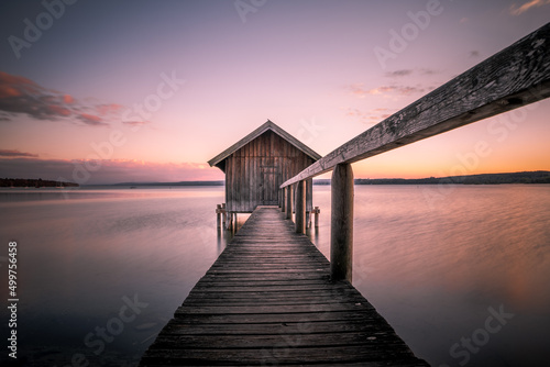 Fototapete Traditional boathouse at lake Ammersee near Munich, Bavaria, Germany at sunrise