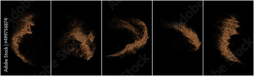 Set Of Coffee Color Grain Texture Isolated on Black Background. Chocolate Shades Confetti. Brown Particles. Digitally Generated Image. Vector Illustration, EPS 10.