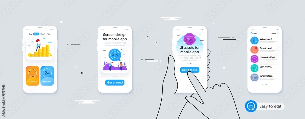 Set of Recycling, 24 hours and Swipe up line icons. Phone ui interface. Include Clock, Browser window, Low percent icons. Star rating, Project deadline, Account web elements. Vector