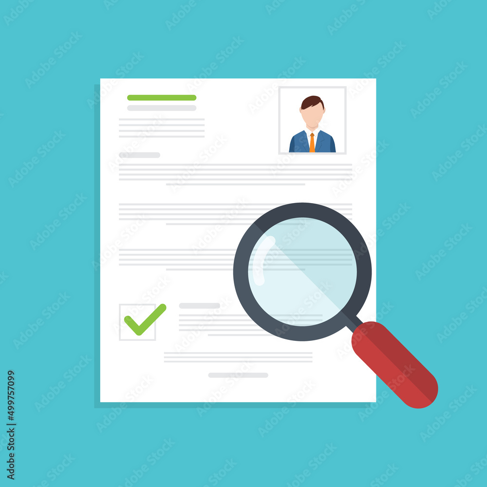Resume analysis, use magnifying glass to view recruitment resume, concept of recruitment and human resources Resume analysis, use magnifying glass to view recruitment resume, concept of recruitment and human resources