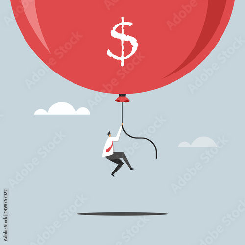 Conceptual illustration of a businessman flying high with a inflated balloon