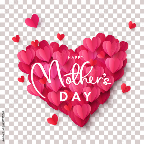 Happy Mothers Day greeting banner with big heart made of pink and red Origami Hearts isolated on transparent background. Design template for card, sticker, poster, tag, label, social media