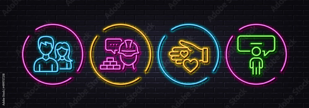 Couple, Build and Volunteer minimal line icons. Neon laser 3d lights. Consulting business icons. For web, application, printing. Male and female, Construction service, Social care. Conference. Vector Couple, Build and Volunteer minimal line icons. Neon laser 3d lights. Consulting business icons. For web, application, printing. Male and female, Construction service, Social care. Conference. Vector