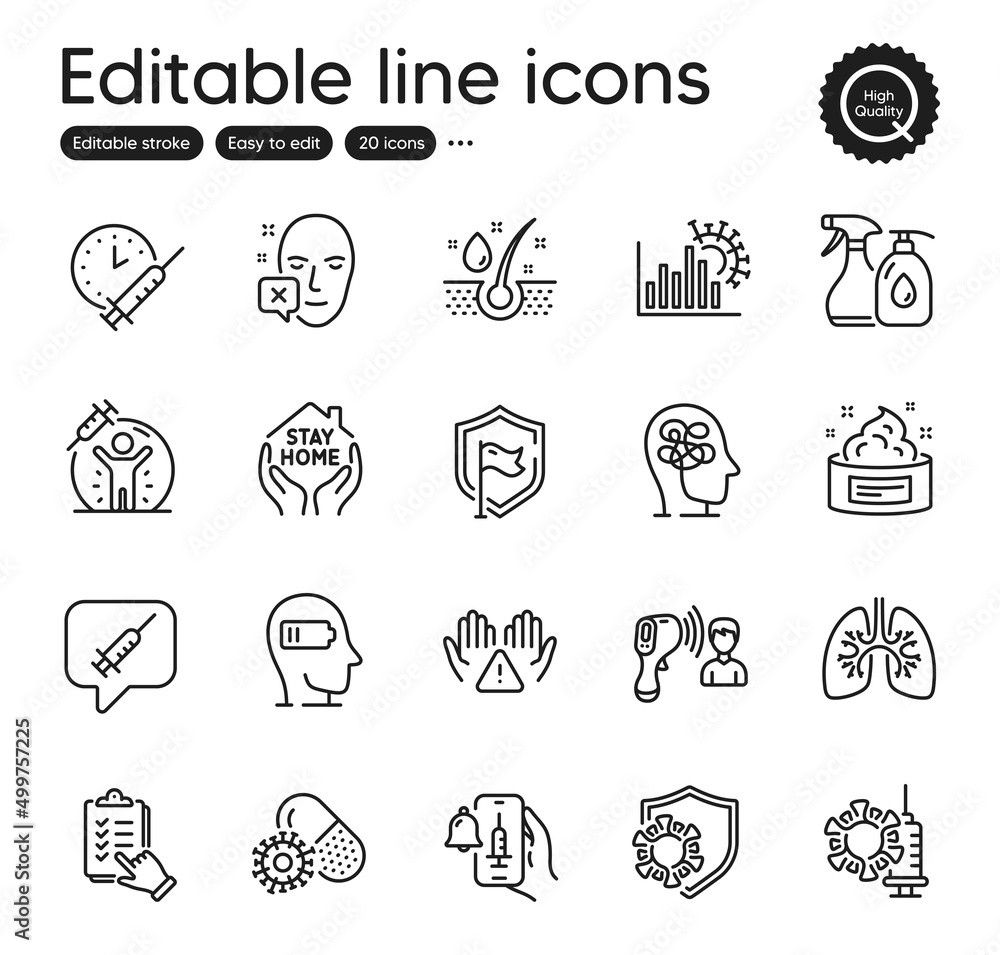 Set of Medical outline icons. Contains icons as Vaccine message, Clean hands and Shield elements. Face declined, Lungs, Stress web signs. Weariness, Coronavirus vaccine, Serum oil elements. Vector