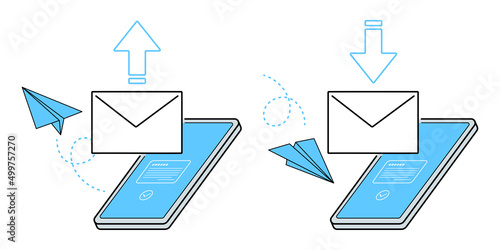 スマートフォンでメールを受信するイラスト. スマートフォンでメールを送信するイラスト. ベクターイラストのセット. 線画, アウトラインあり.