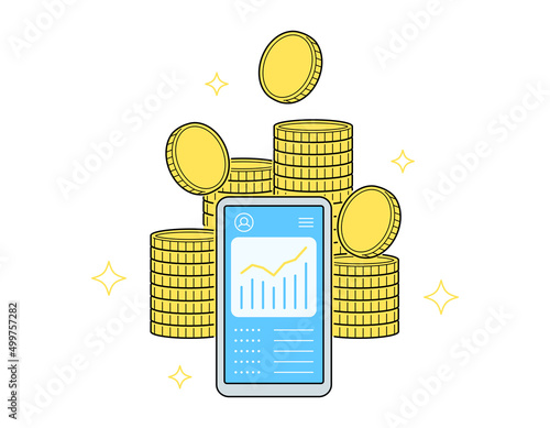 スマートフォンとお金のイラスト. オンラインでの口座管理や資産運用. アプリでグラフや明細を表示. 線画, アウトラインあり.
