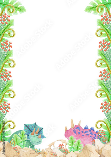 collection of watercolor frame (cute turquoise and pink dinosaurs) with place for text on isolated background (for designing social media, greeting cards, postcards, printing on objects, etc.)