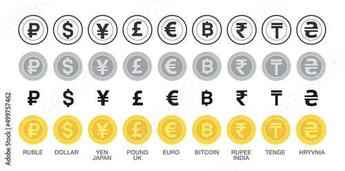Big set of icons of currency symbols of different countries. Currency exchange concept. Objects on white background for web design