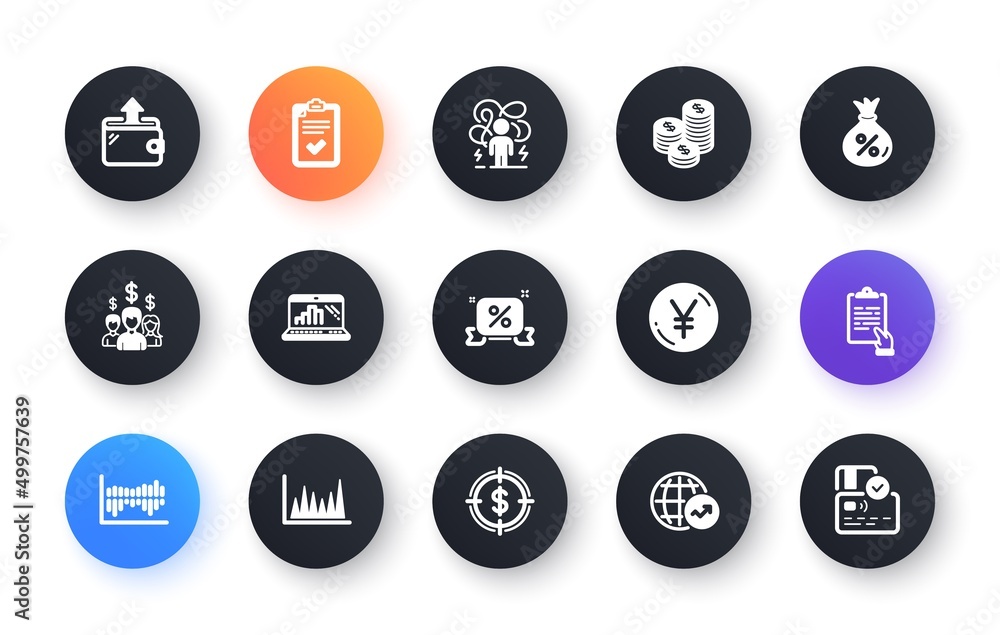 Minimal set of Checklist, Wallet and Column diagram flat icons for web development. Salary employees, Coins, Dollar target icons. Discounts ribbon, Loan, Difficult stress web elements. Vector Minimal set of Checklist, Wallet and Column diagram flat icons for web development. Salary employees, Coins, Dollar target icons. Discounts ribbon, Loan, Difficult stress web elements. Vector