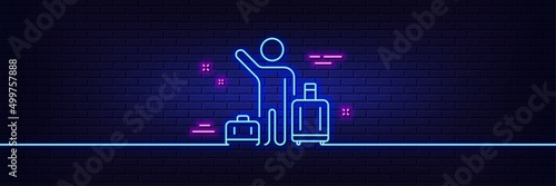 Neon light glow effect. Baggage reclaim line icon. Airport transfer sign. Flight bags symbol. 3d line neon glow icon. Brick wall banner. Airport transfer outline. Vector