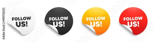 Follow us text. Round sticker badge with offer. Special offer sign. Super offer symbol. Paper label banner. Follow us adhesive tag. Vector