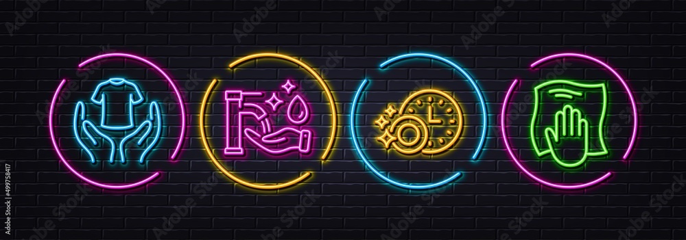 Dishwasher timer, Hold t-shirt and Washing hands minimal line icons. Neon laser 3d lights. Washing cloth icons. For web, application, printing. Cleaning dishes, Laundry shirt, Hygiene care. Vector Dishwasher timer, Hold t-shirt and Washing hands minimal line icons. Neon laser 3d lights. Washing cloth icons. For web, application, printing. Cleaning dishes, Laundry shirt, Hygiene care. Vector