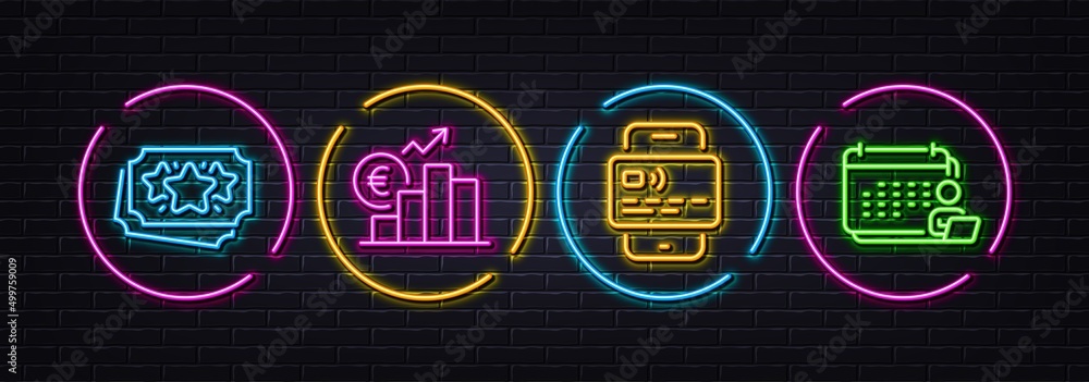 Loyalty points, Euro rate and Card minimal line icons. Neon laser 3d lights. Accounting icons. For web, application, printing. Bonus coupon, Currency trade, Mobile payment. Schedule report. Vector - obrazy, fototapety, plakaty 