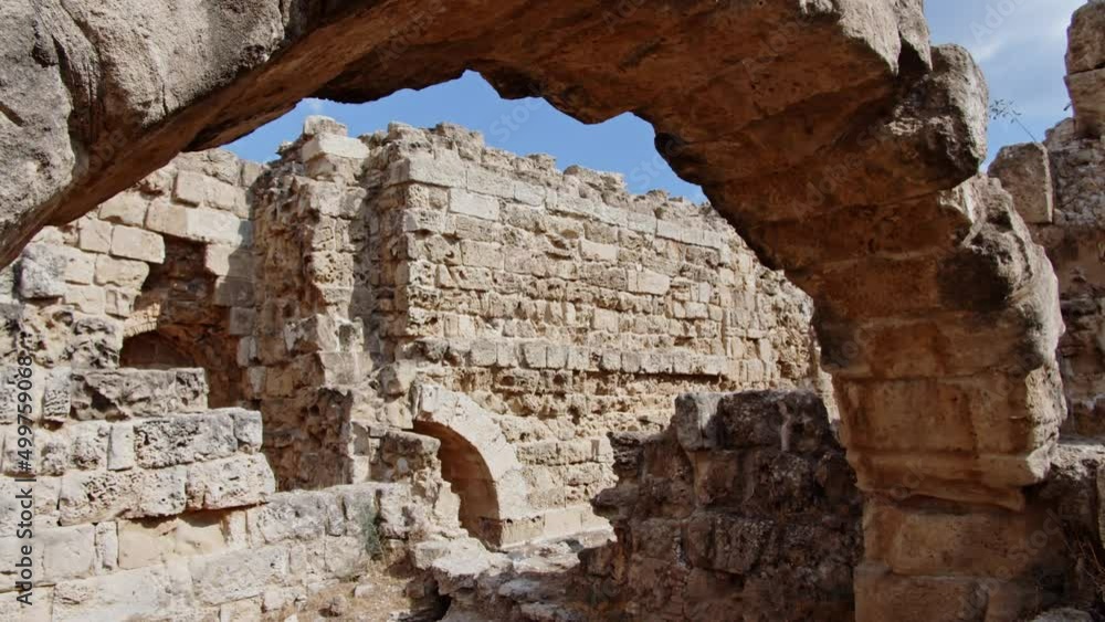 Remains of antique limestone city of Salamis in Cyprus island. Cinematic motion view Remains of antique limestone city of Salamis in Cyprus island. Cinematic motion view