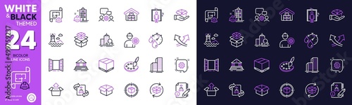 Intersection arrows, Inspect and Lighthouse line icons for website, printing. Collection of Algorithm, Cogwheel, Hold box icons. Open door, Return parcel, Packing boxes web elements. Vector
