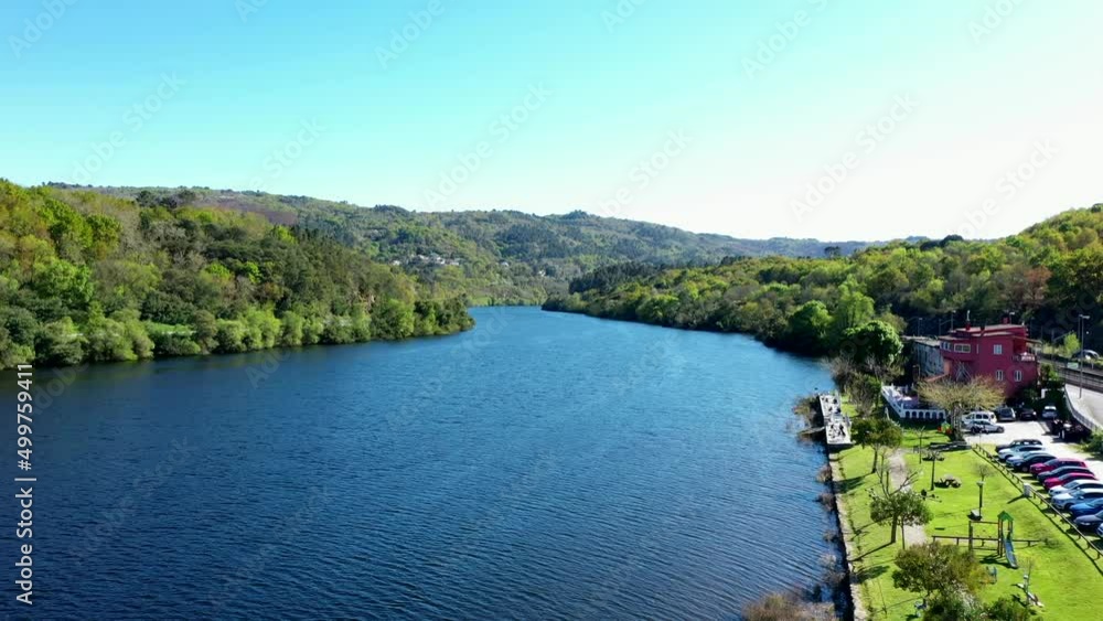River Miño in Galicia, Spain. Beautiful Sunny Establishing Aerial View River Miño in Galicia, Spain. Beautiful Sunny Establishing Aerial View